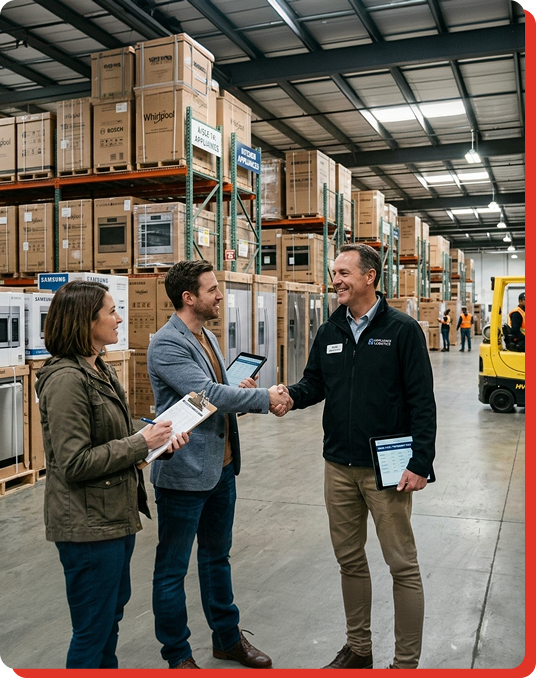 business team discussing inventory in warehouse