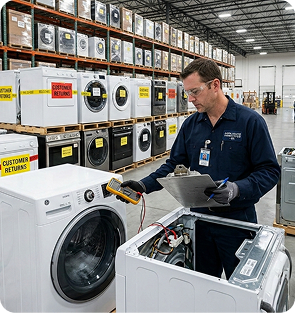 technician inspecting washing machine in warehouse