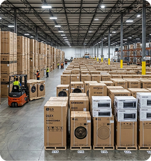 appliance inventory stacked in warehouse storage