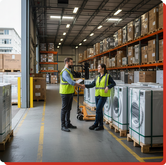 warehouse team inspecting appliance inventory