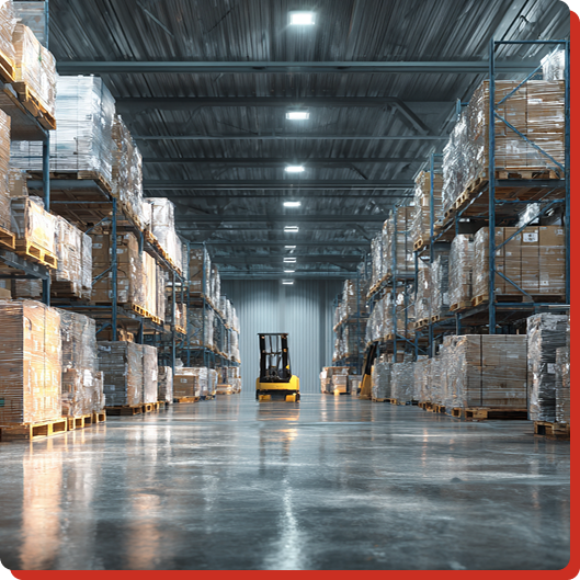 long warehouse aisle with organized shelving units